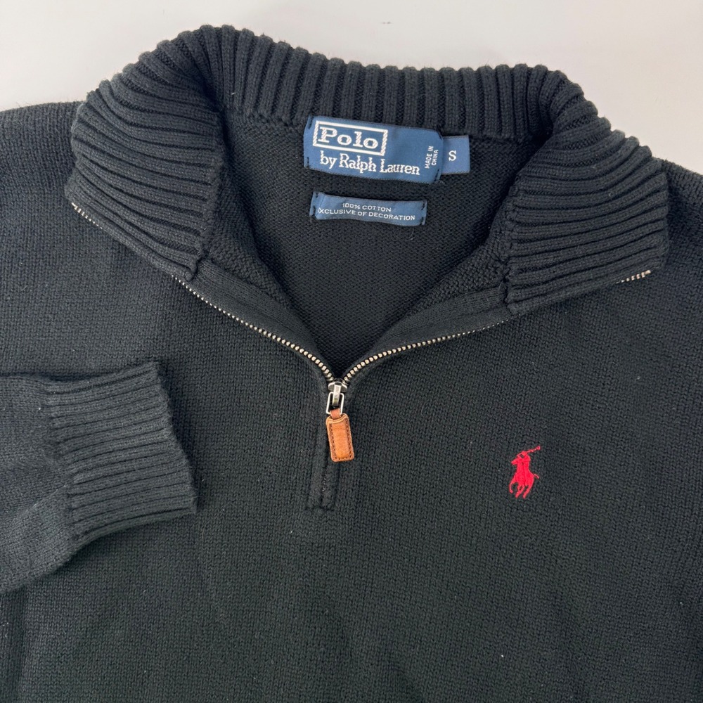 Polo Ralph Lauren Quarter-Zip Sweater Mens Small Black Red Pony Cotton Knit